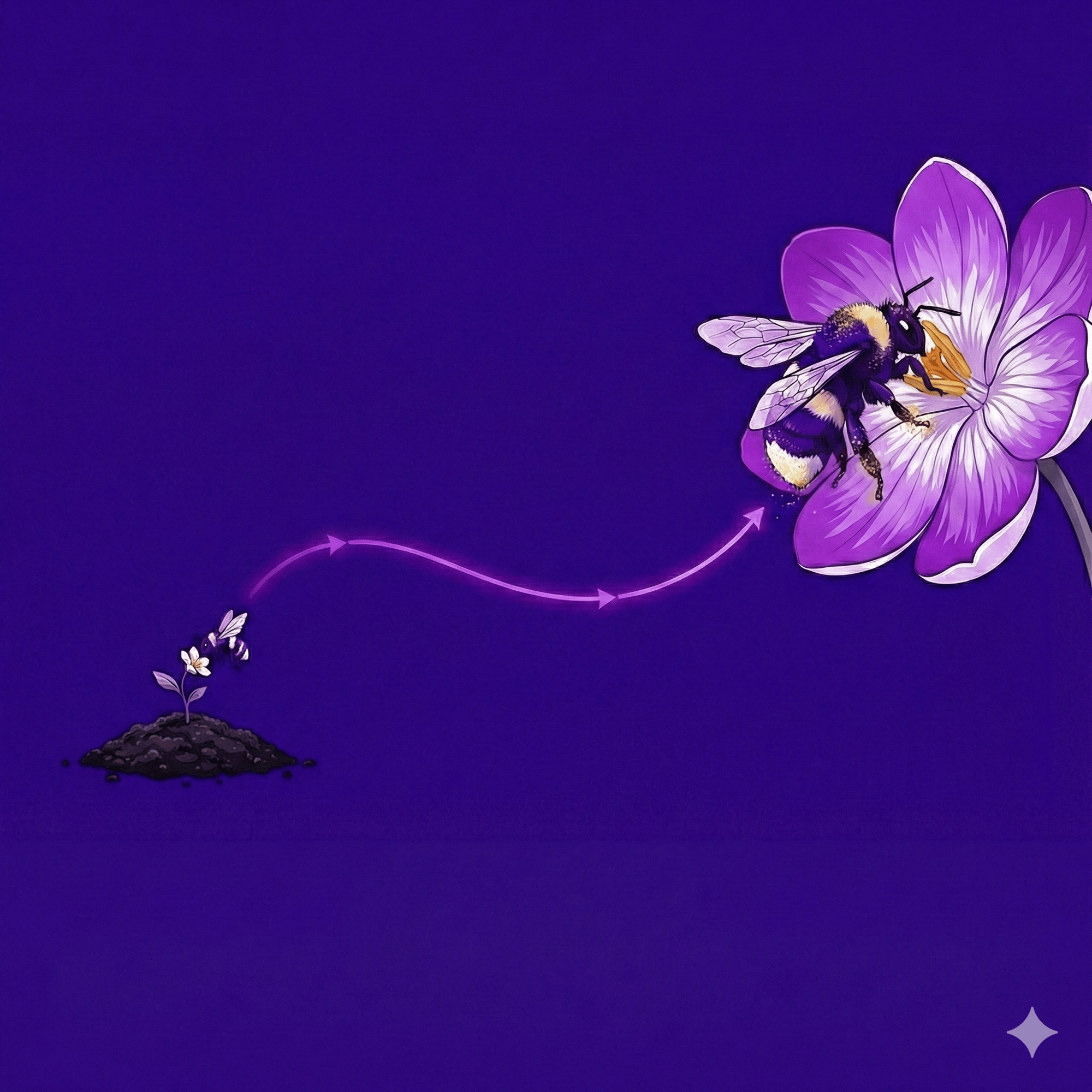 Seed to series B bumble bee flying from a seedling to a grown flower